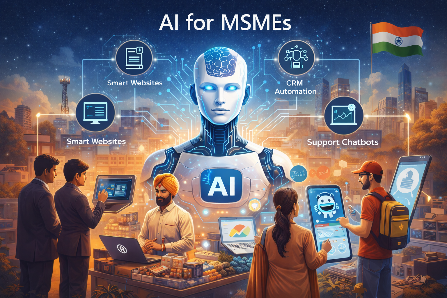 Artificial Intelligence helping Indian MSMEs and small businesses grow with automation, CRM, smart websites, and digital tools